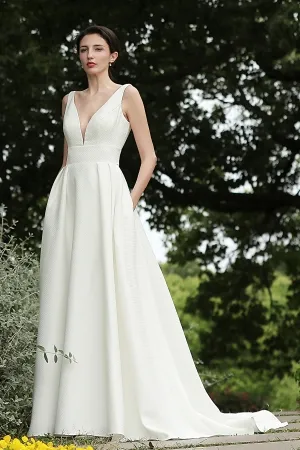 ivory matte fabric simple a line bridal gown with pockets