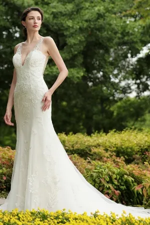 beaded lace appliqued elegant mermaid formal bridal gown