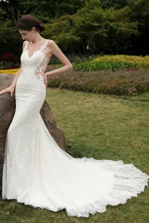 sexy illusion lace mermaid destination bridal gown