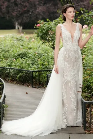 sexy beige wedding dress with detachable tulle overskirt