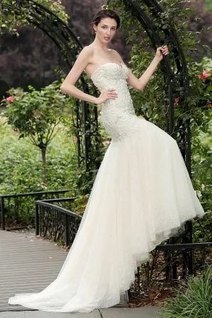 charming body hugging nude lace tulle wedding dress