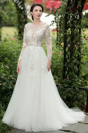 illusion sequinned lace long sleeve formal wedding dress
