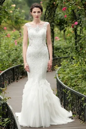 illusion neck lace flanged tulle mermaid wedding dress