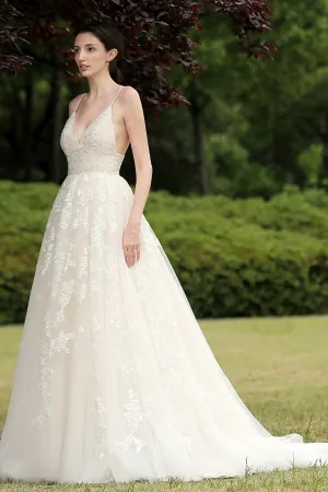 beaded lace deep v neck sexy nude low back wedding dress