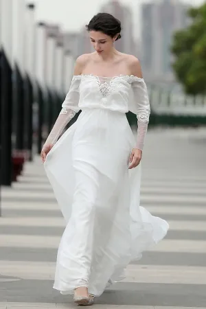 lace appliqued off shoulder chiffon beach wedding dress
