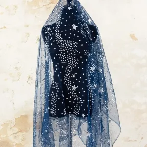 silver glitter dot starry glued navy blue tulle fabric