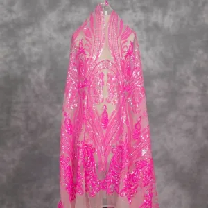 Geometric Pattern Hot Pink Sequin on Sheer Mesh Fabric