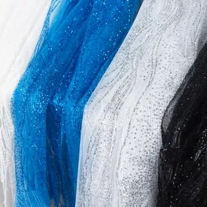 dazzling mesh fabric with water wave glitter powder glued