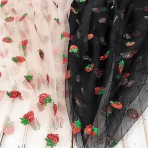 red metallic sequin sweet strawberry on mesh fabric
