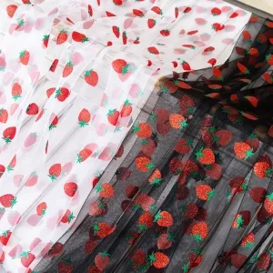 red glittering strawberry print mesh tulle party fabric