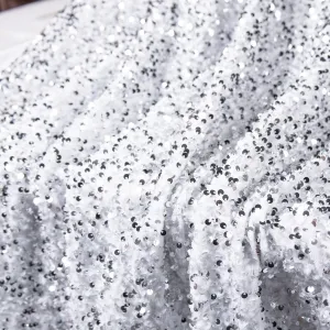 Dazzling Silver 5mm Sequin All Over White Velvet Fabric