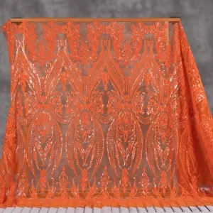 Shimmering Orange Abstract Pattern Sequin on Mesh Fabric