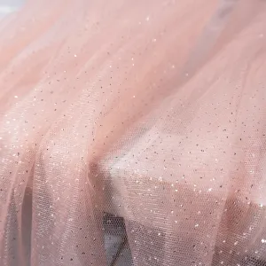 Shimmering Silver Glitter Glued Pearl Pink Mesh Fabric