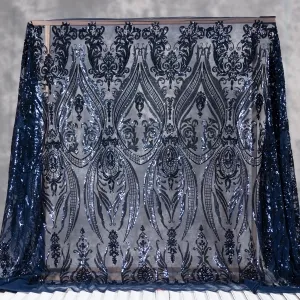 Abstract Pattern Navy Sequin Onto Mesh Desginer Fabric
