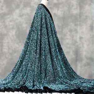 Iridescent Light Mint Sequins Allover Black Velvet Fabric
