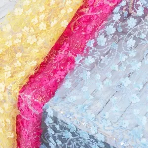 iridescent sequin mesh fabric embroidered with 3d flowers