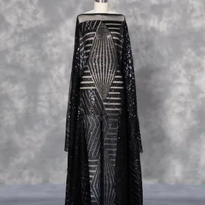 sparkly black geometric stripe sequin mesh backing fabric