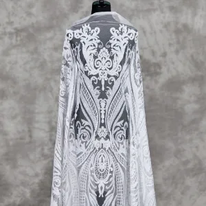 White Sequin Geometric Embroidery Metallic Dress Fabric