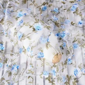blue floral printed organza fabric with 3d rose flowers