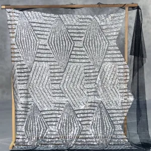 bombshell pattern silver sequin black mesh base fabric