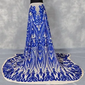 Royal Blue Abstract Pattern Sequin Over Nude Mesh Fabric