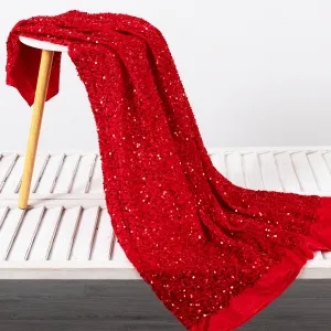 Glitter Bright Red Sequins Stretch Velvet Dress Fabric