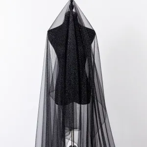 Sparkly Metallic Silver Glitter Glued Black Mesh Fabric
