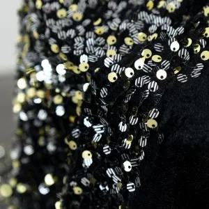 Shiny Gold-Backed Black Striped Sequins on Stretch Velvet