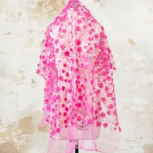 glitter sequinned fuchsia 3d flower mesh dress fabric