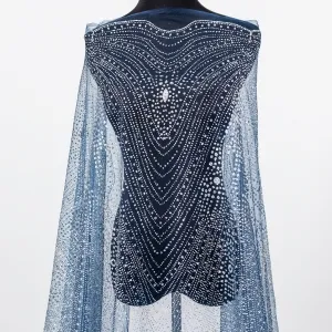 Silver Glitter Wave Pattern Glued Navy Tulle Mesh Fabric