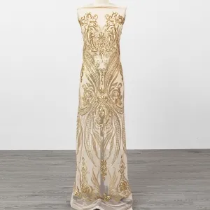 Shiny Gold Sequin Abstract Pattern on Sheer Mesh Fabric