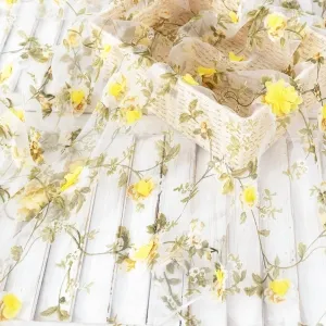 yellow 3d flower sage leaf printed embroidery organza