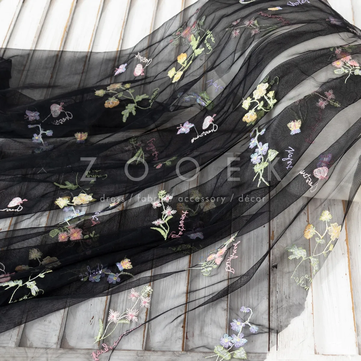 colorful floral embroidery black mesh fabric for skirt