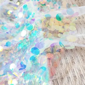 Dream Color Iridescent 18mm Sequins on White Mesh Fabric
