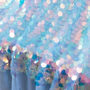 Iridescent Dream Color 18mm Scaled Sequins on Blue Mesh