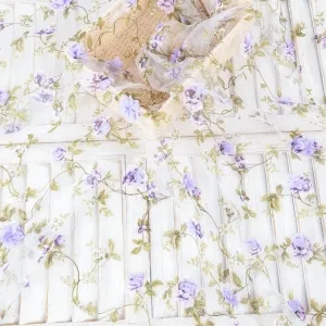 leaf printing organza fabric with wisteria 3d flowers