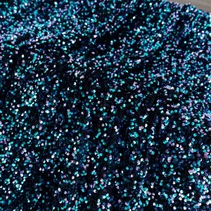 Iridescent Indigo Glitter Sequins on Black Velvet Fabric