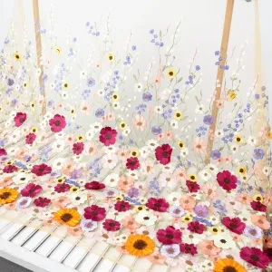 Multi-color 3D Flower Embroidery Nude Mesh Lace Fabric