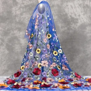 Colorful Embroidery 3D Flowers on Royal Blue Mesh Fabric