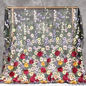 Multi-color 3d Flowers Embroidered on Black Mesh Fabric
