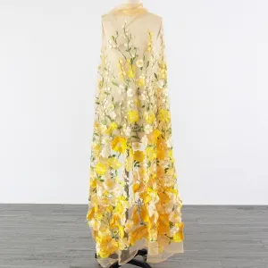 Yellow 3D Flower Nude Mesh Embroidery Lace Fabric