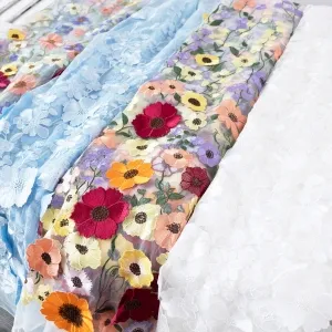 fairytale multi color 3d flower embroidery lace fabric