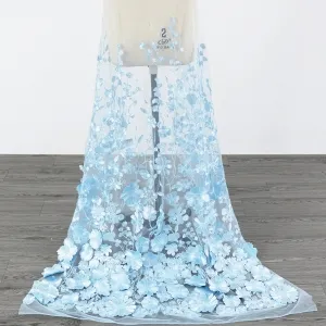 Light Blue 3D Flower Embroidery Lace Party Dress Fabric