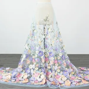 Lavender & Pink 3D Floral Motif Embroidery Lace Fabric