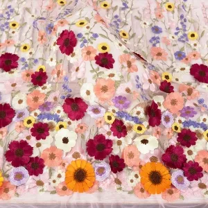Colorful 3D Embroidery Flowers Melanie Pink Mesh Fabric