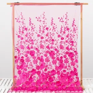 Fuchsia 3D Flower Plant Embroidery Lace Prom Dress Fabric