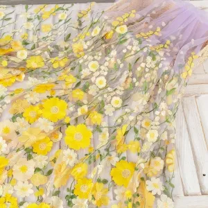Fairy 3D Yellow Flower on Wisteria Tulle Lace Fabric