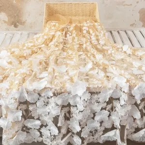 White 3D Flowers Embroidered on Nude Mesh Lace Fabric