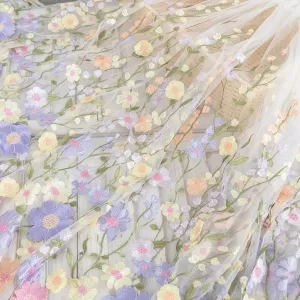 Lavender & Pink 3D Flower Embroidered Lace Dresss Fabric