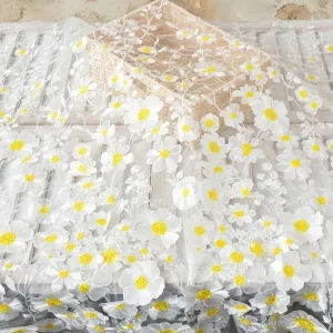 White & Yellow Daisy Flowers Embroidery 3D Lace Fabric